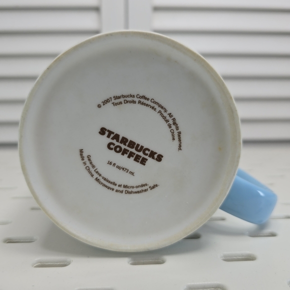STARBUCKS Coffee Mug 16oz 2007 Blue Handle Retro Typography Y2K Café Collectors - Picture 6 of 8